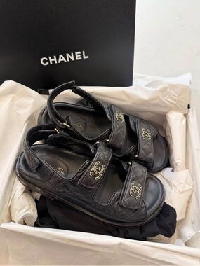 CHANEL Black Quilted Leather Logo Strap Sandals with Gold CC Hardware